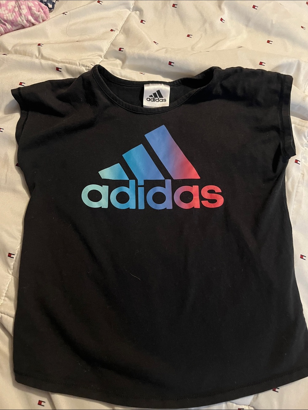 adidas Black Kids Tee with Blue-Pink Gradient Logo